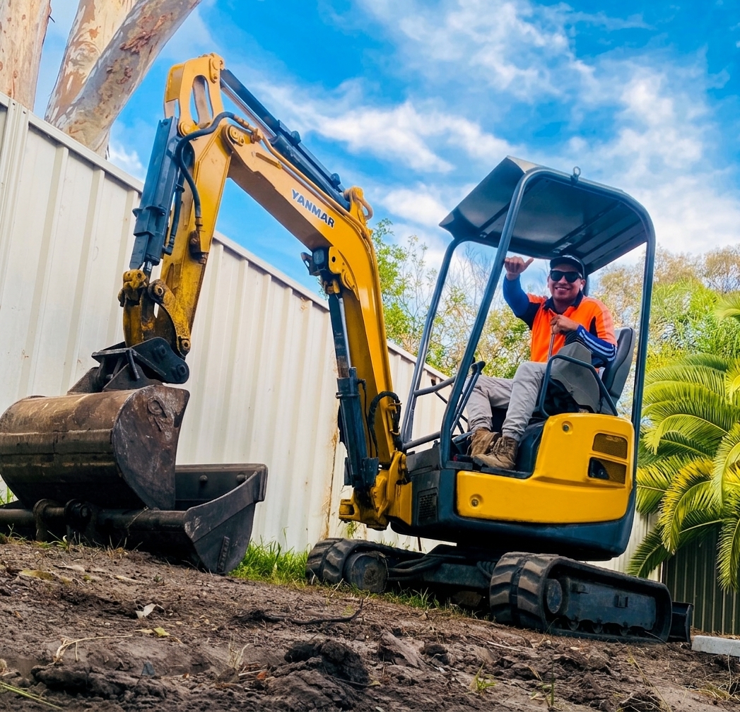 Mini excavator loading a waste bin on site